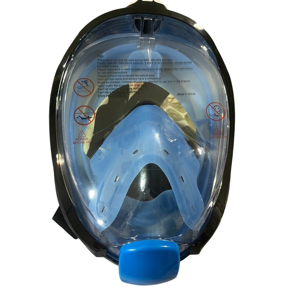 Full Face Snorkel Mask Blue Black 180° Panoramic Dry Top Snorkeling Adult